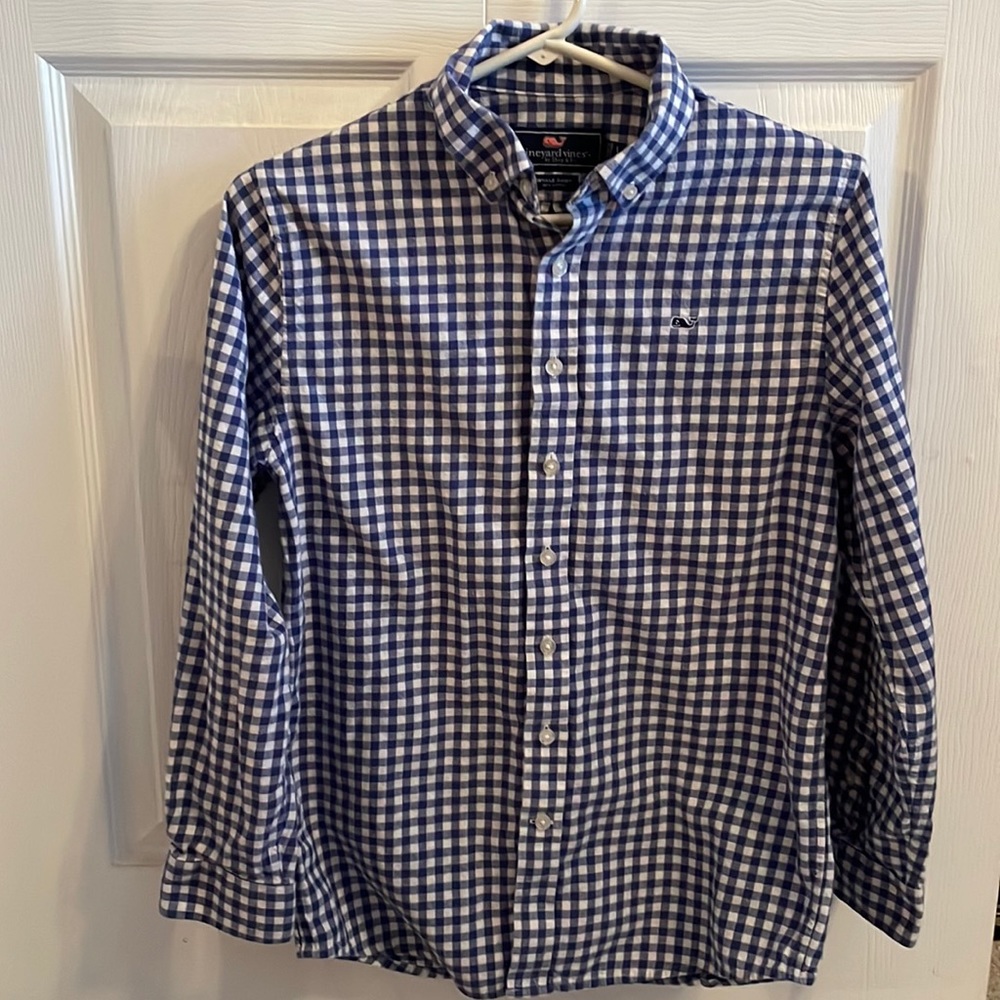 USED Vineyard Vines Whale Shirt Boys Size L Flannel checked Blue and White